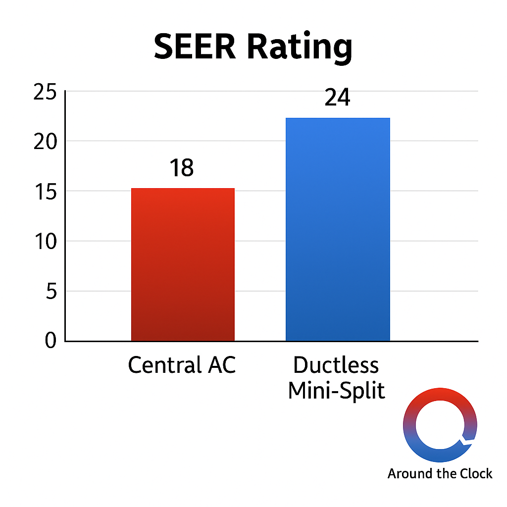 Bar chart comparing SEER efficiency ratings: Central Air Conditioning (18 SEER) vs Ductless Mini-Split (24 SEER) for energy-efficient cooling solutions in Los Angeles by Around the Clock HVAC.