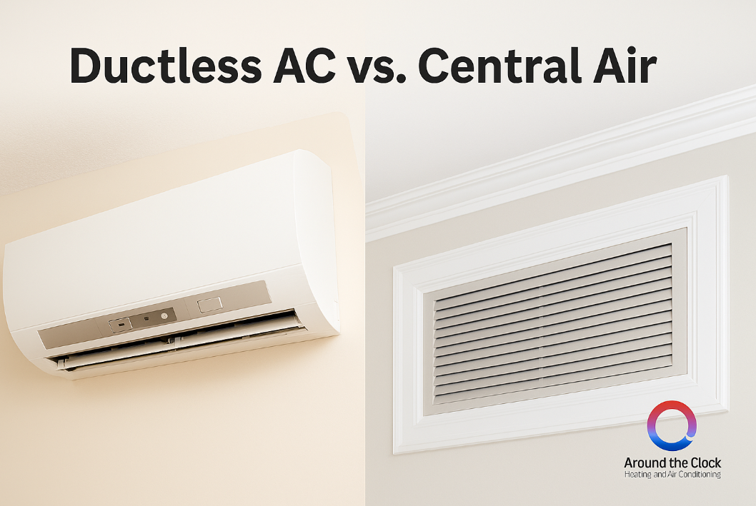 Side-by-side comparison of a ductless mini-split indoor unit and a central AC vent in a modern Los Angeles home, with the Around The Clock Heating and Air Conditioning logo